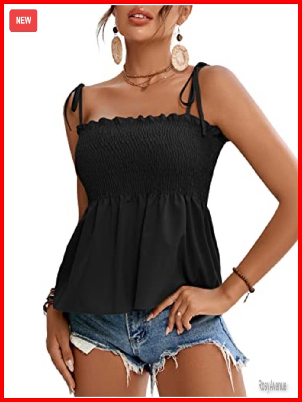 LYANER Women's Tie Shoulder Cami Blouse Smocked Peplum Ruffle Sleeveless
